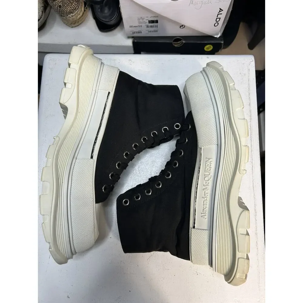 Alexander McQueen Tread Slick Lace Up Boot in black and white canvas Size 45